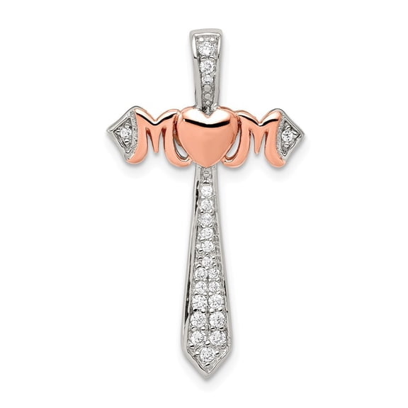 Sterling Silver Polished Rose Gold-Flashed Mom Cubic Zirconia Cross Pendant - Measures 29.6x16.95mm Wide