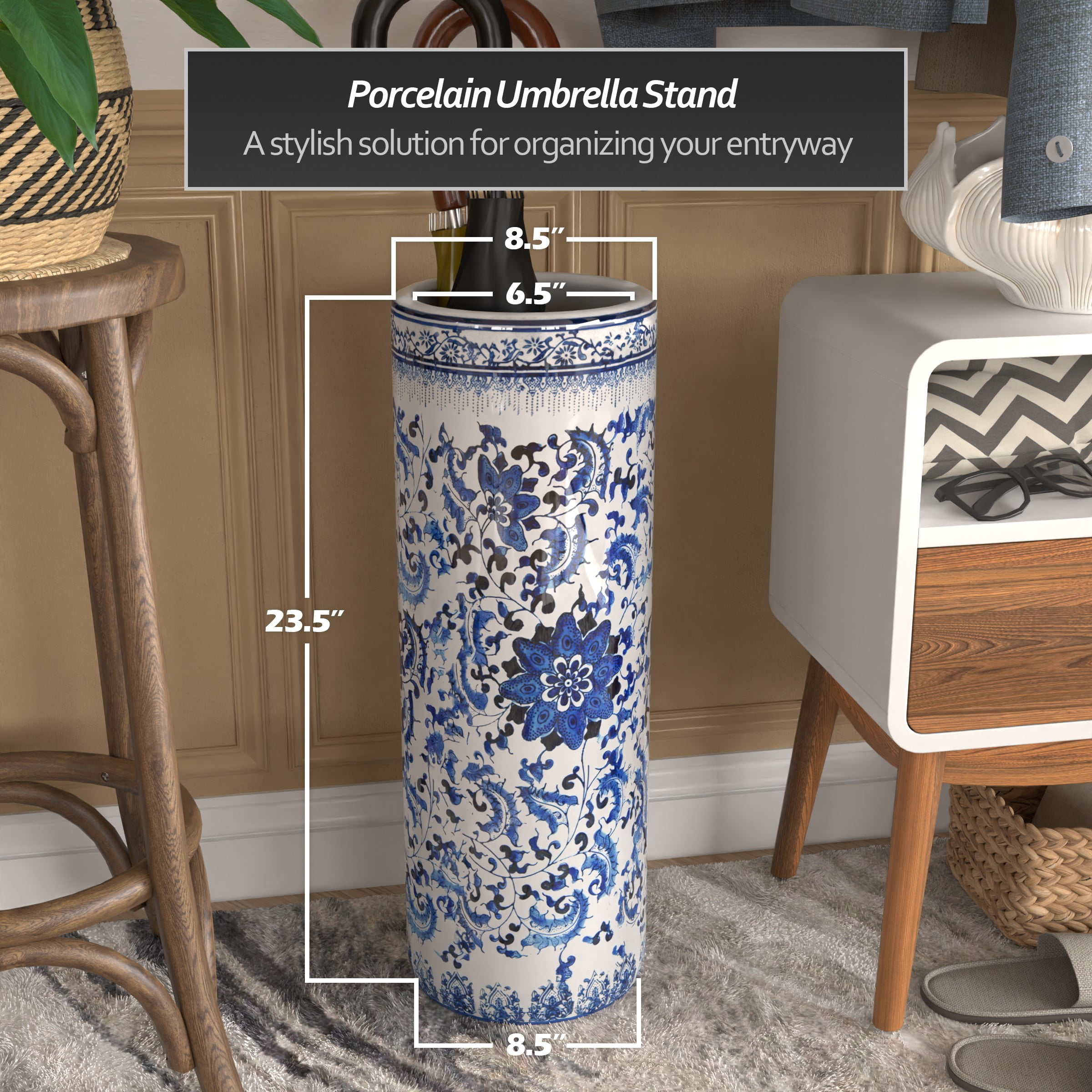 Red Lantern 24" Floral Blue & White Porcelain Umbrella Stand