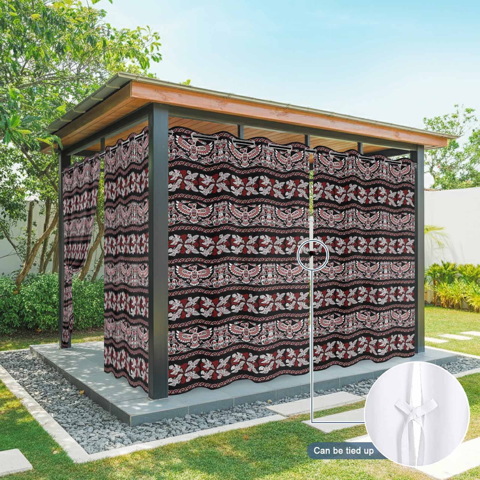 Ethnic Tribal Style Outdoor Curtains for Patio, Bird Geometric Boho Red Black Rustic Sunshade Privacy Drapes Grommet Waterproof Outside Curtains for Porch/Cabana/Balcony 54"x 108", 1 Panel