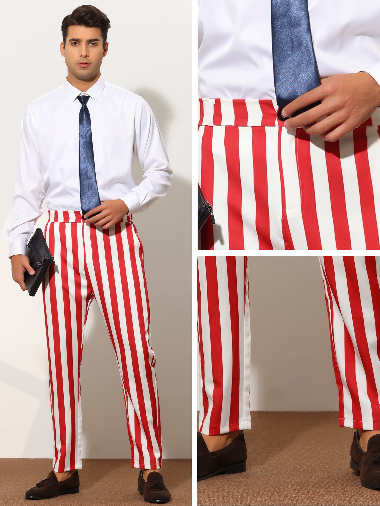 Unique Bargains Men's Striped Dress Pants Big & Tall Flat Front Business Trousers 34 Red White