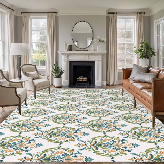 Large Area Rugs for Living Room Bedroom, Vintage Abstract 8'x10' Rug Washable Carpet Runner Indoor Outdoor, Retro Floral Texture Green Non Slip Floor Mats Rug for Kitchen, Patio