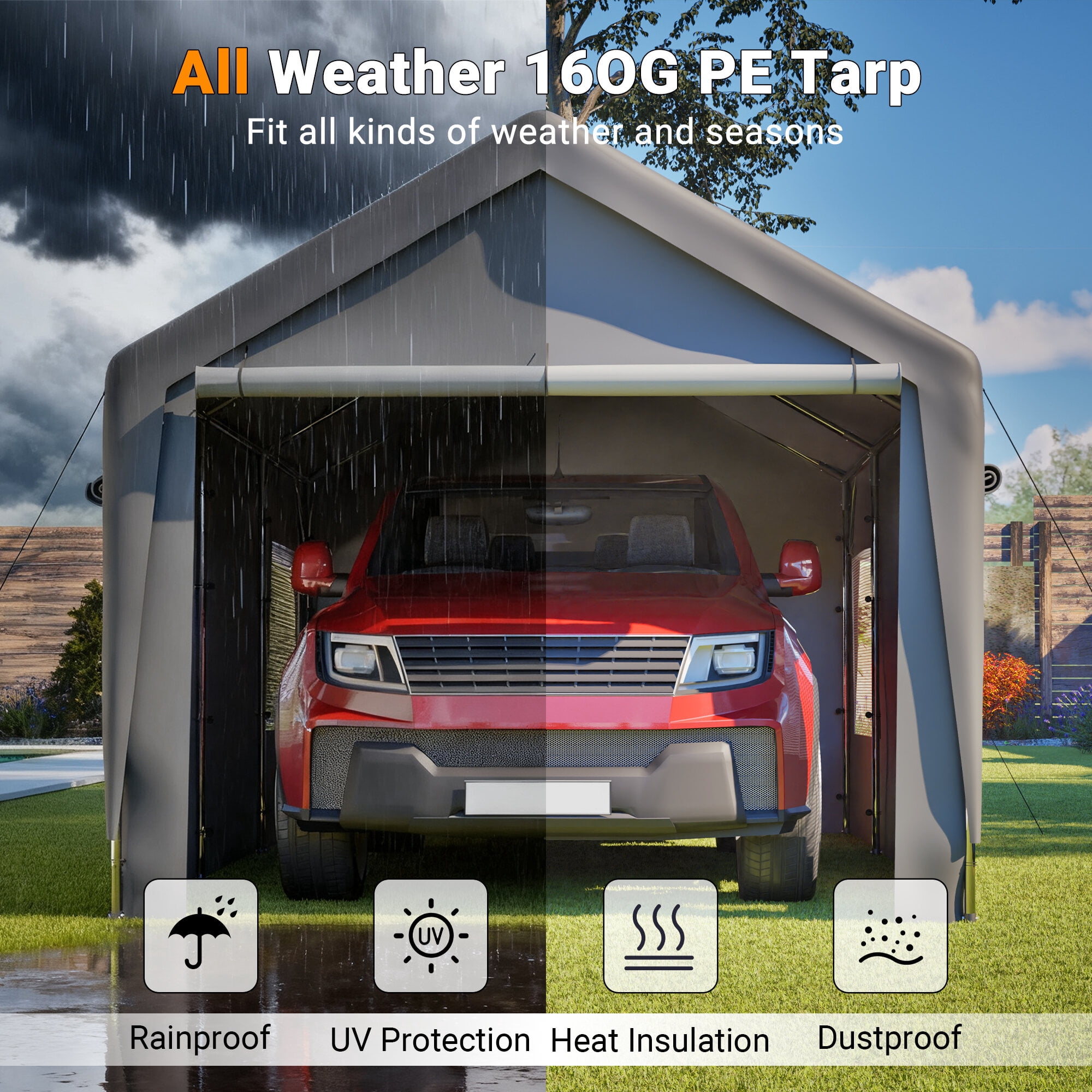 Residential Carports, Carport Canopy 10x20 FT Heavy Duty Boat Car Canopy Garage with Removable Sidewalls and Roll-up Ventilated Windows, Grey Outdoor Carports,Metal Portable Carports