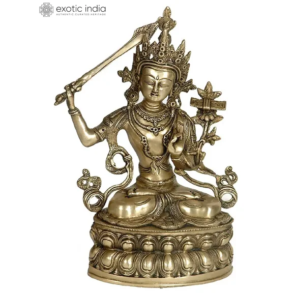 13" Tibetan Buddhist Deity Manjushri Bodhisattva of Wisdom Brass Statue | Handcrafted Enlightenment Idol