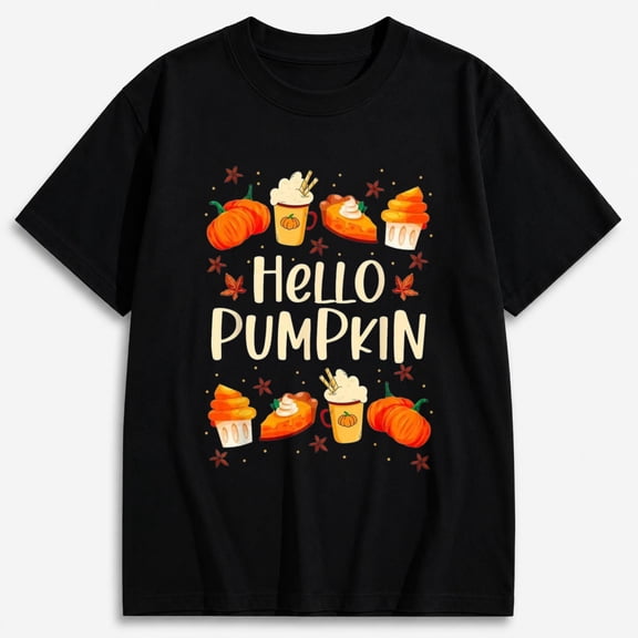 Pumpkin Shirts for Women, Hello Pumpkin Coffee Graphic T-Shirt, Short Sleeve Fall Shirt