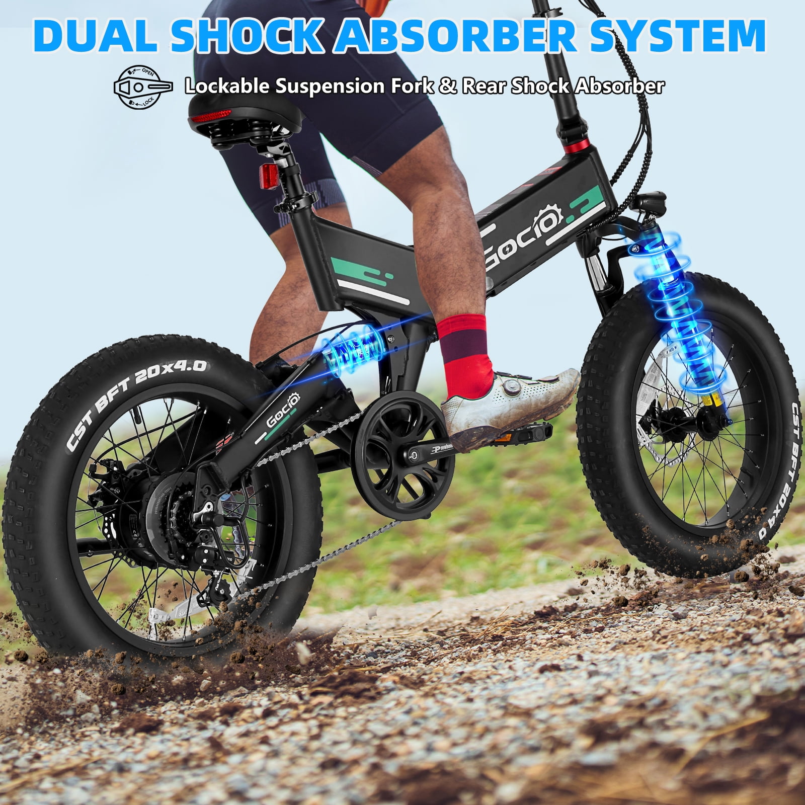 Gocio Foldable Electric Bikes Adult 20"x4" Fat Tire Electric Bike, 48V 10.4Ah, 500W Electric Mountain Bike Full Suspension, LCD, Shimano 7 Speed Electric Cruiser Bicycle UL2849 Certified