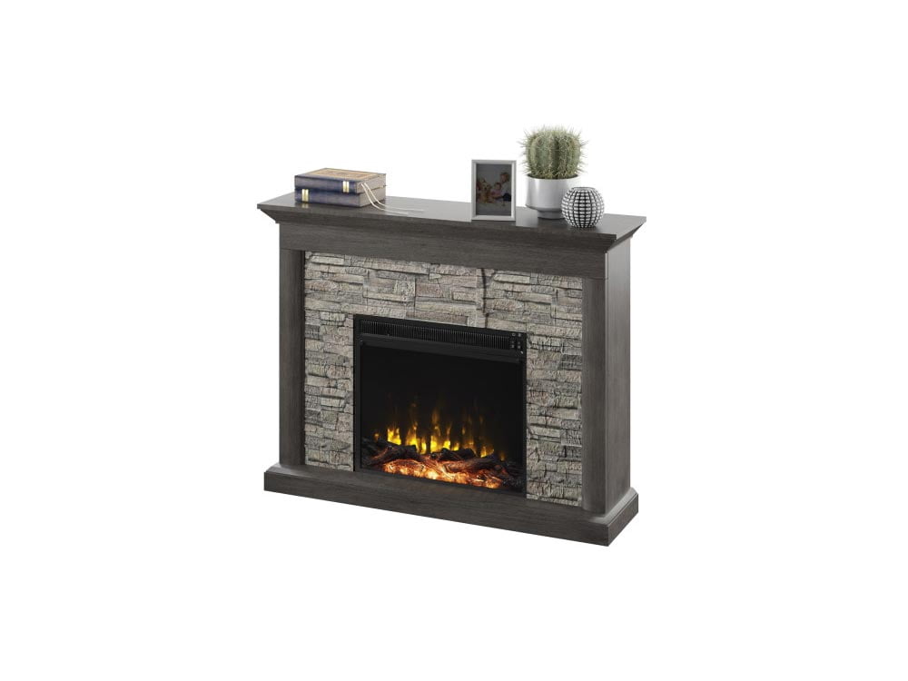 Twin Star Home 36"H Rustic Wall Mantel Electric Fireplace with Stacked Stone Look in Weathered Gray