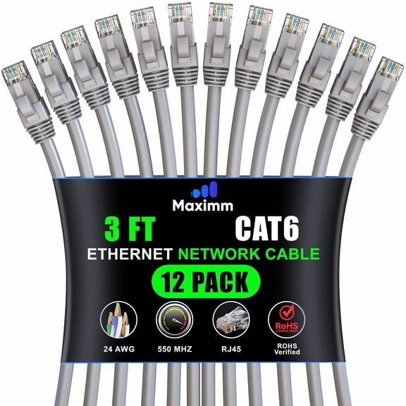 Maximm Cat6 Ethernet Cable 12-Pack 3 ft – CCA LAN Network Patch Cords, RJ45, Gray