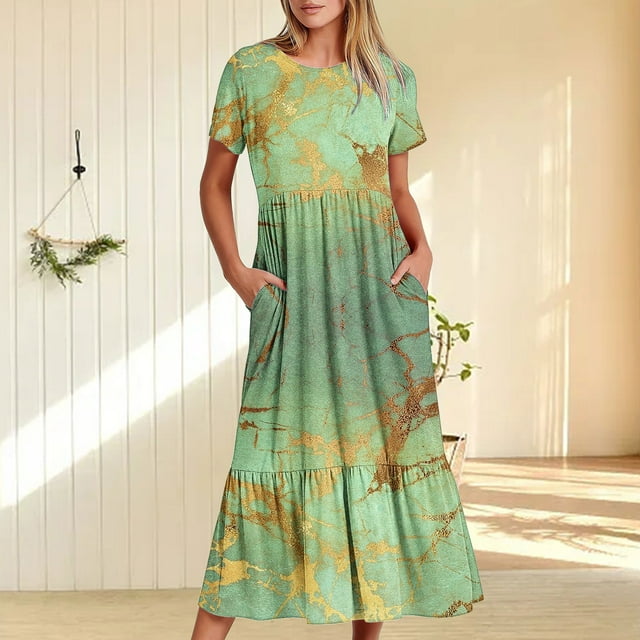 Fankiway Robe Longue Imprimée Brillante à Manches Courtes Col Rond Ample Grande Taille pour Femmes Rondes Robes de Printemps pour Femmes 7220