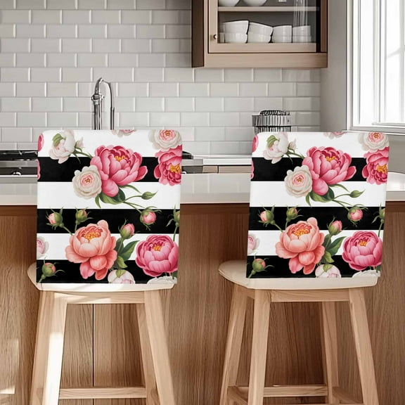 Pink Peony Chair Covers Set of 4 Flowers Black And White Stripes Chair Back Covers Stretch Removable Washable Chairs Slipcovers Chair Protector for Dining Room Kitchen Party Decor