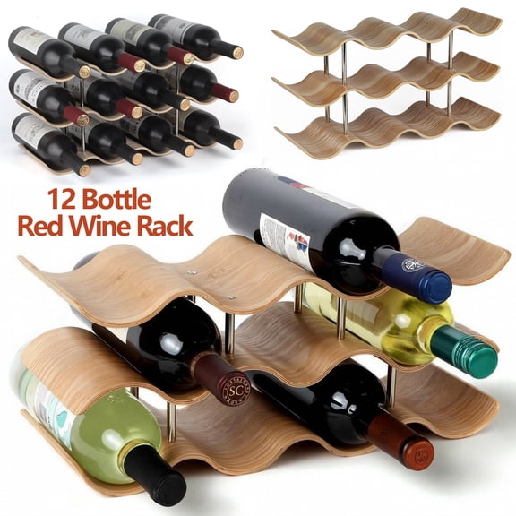 Countertop Wine Rack,12 Bottle Freestanding Wine Bottle Holder,3 Tier Wooden Wine Storage Rack,Wavy Wine Organizer,Countertop Storage Shelf,Tabletop Wine Holderfor Cabinet Pantry Home Kitchen Bar