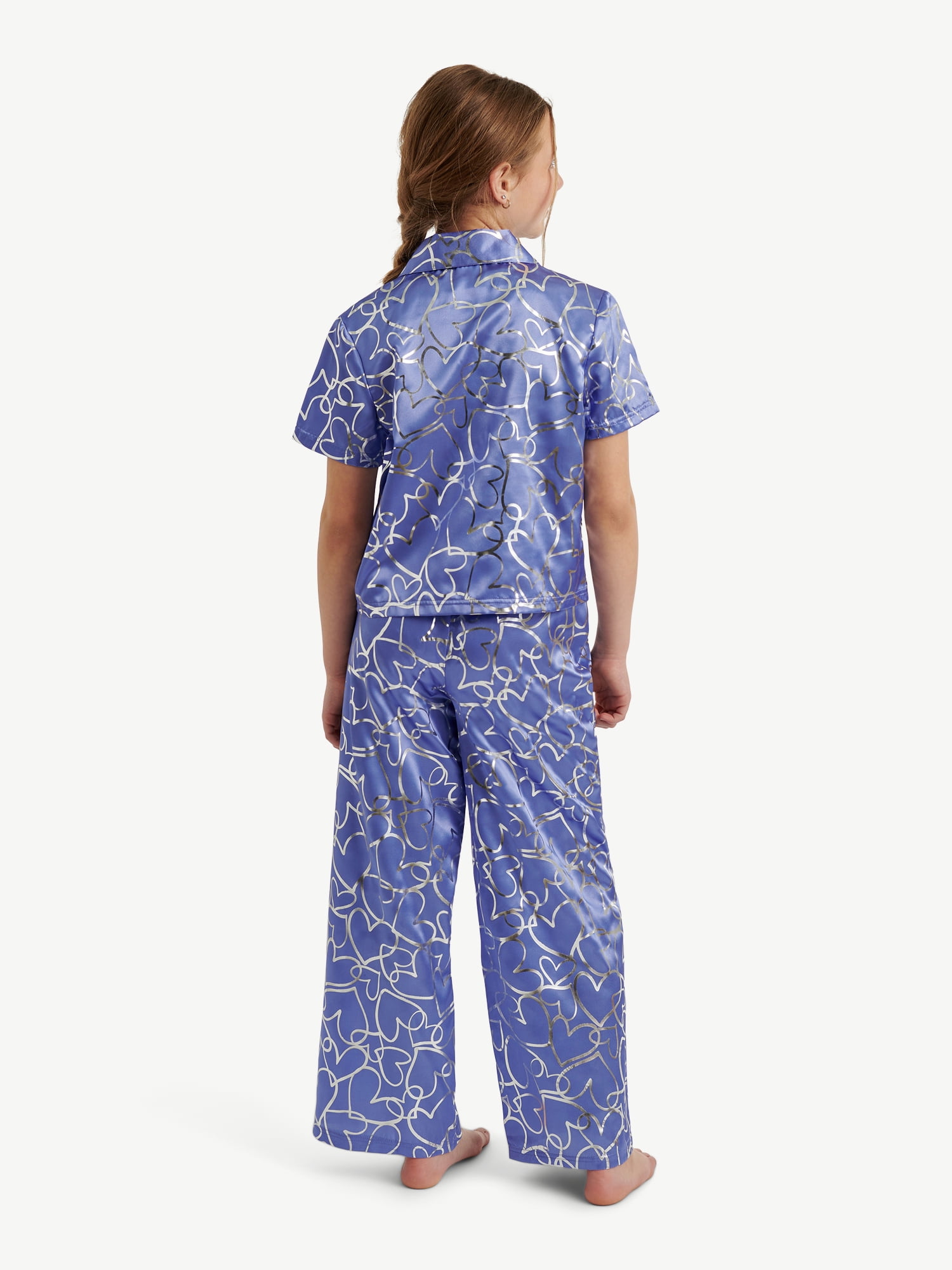 Justice Girls Satin Short Sleeve Button Front Sleep Top and Sleep Pants, 2-Piece, Sizes 5-18 & Plus