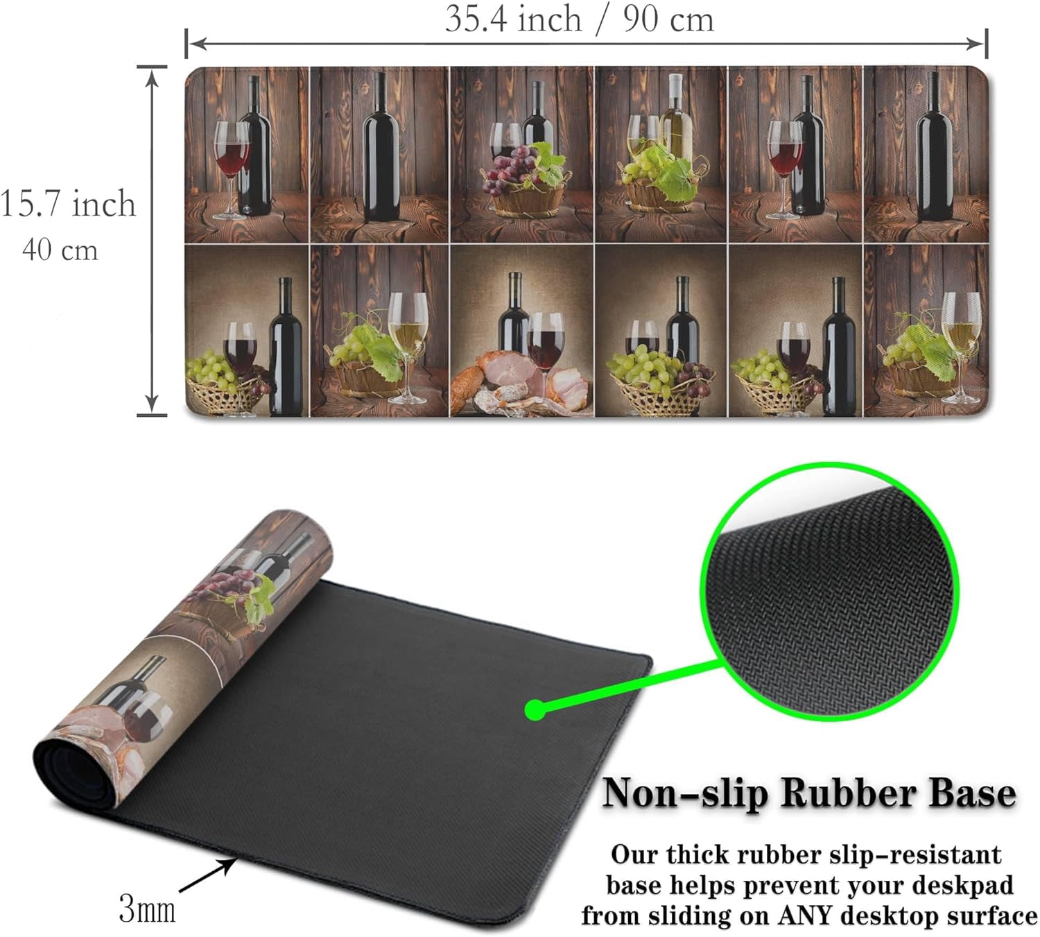 Gaming Mouse Mat for Men, Keyboard Big Mouse Pads Long Deskpad, Large Mouse Mat Non-Slip Rubber Base Waterproof with Stitched Edges, 35.4" X 15.7" for Work/Game/Office Wine Collage