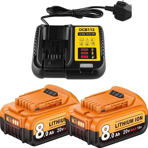 2Pack 8.0Ah 20V Li-ion Battery & 12V-20V DCB112 Charger, For DCB200 DCB201 DCB206 Series 20V Cordless Power Tools