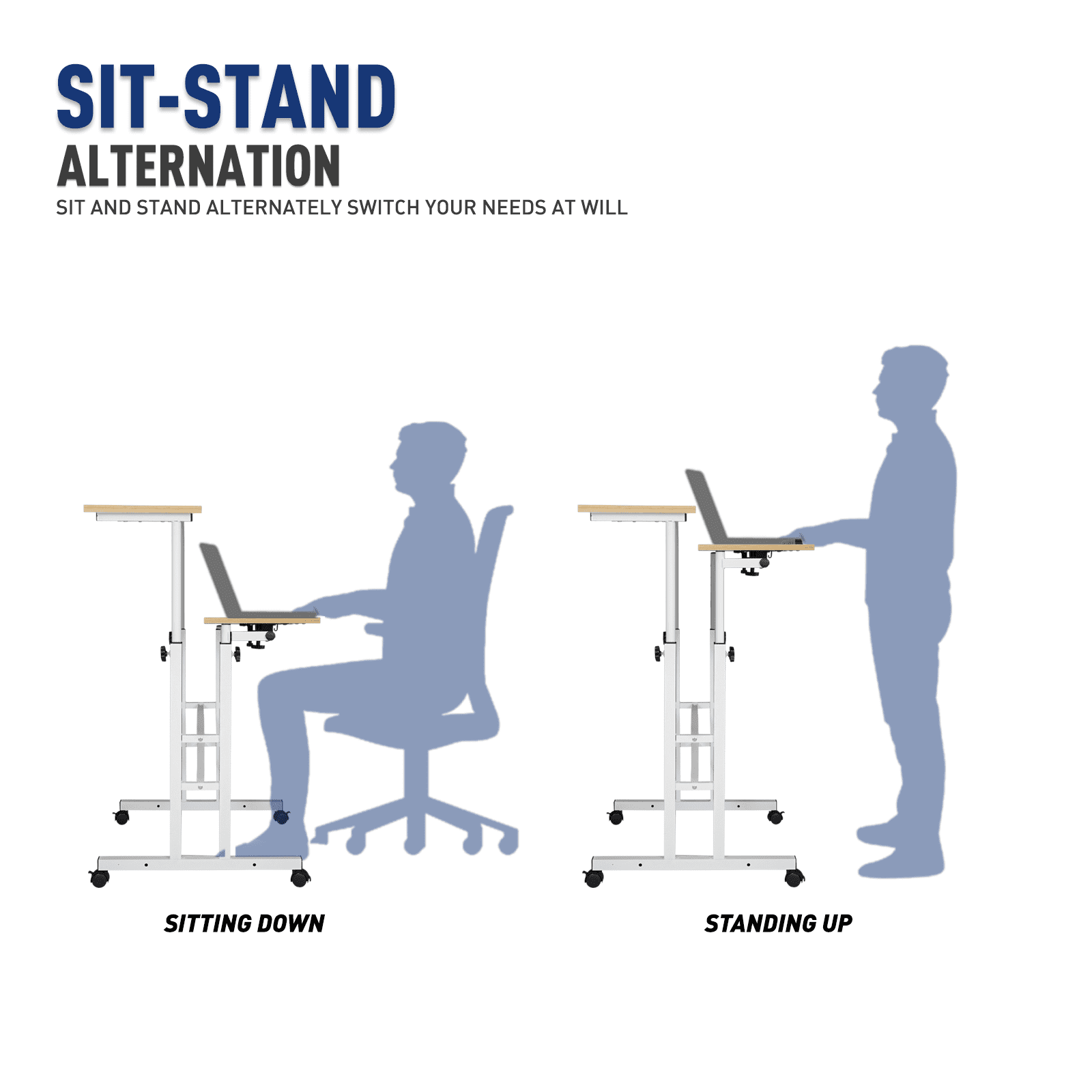 BEZT Workstation, Adjustable Height Standing Desk,Rolling Computer Desk with Monitor Shelf for Bedroom,Natural
