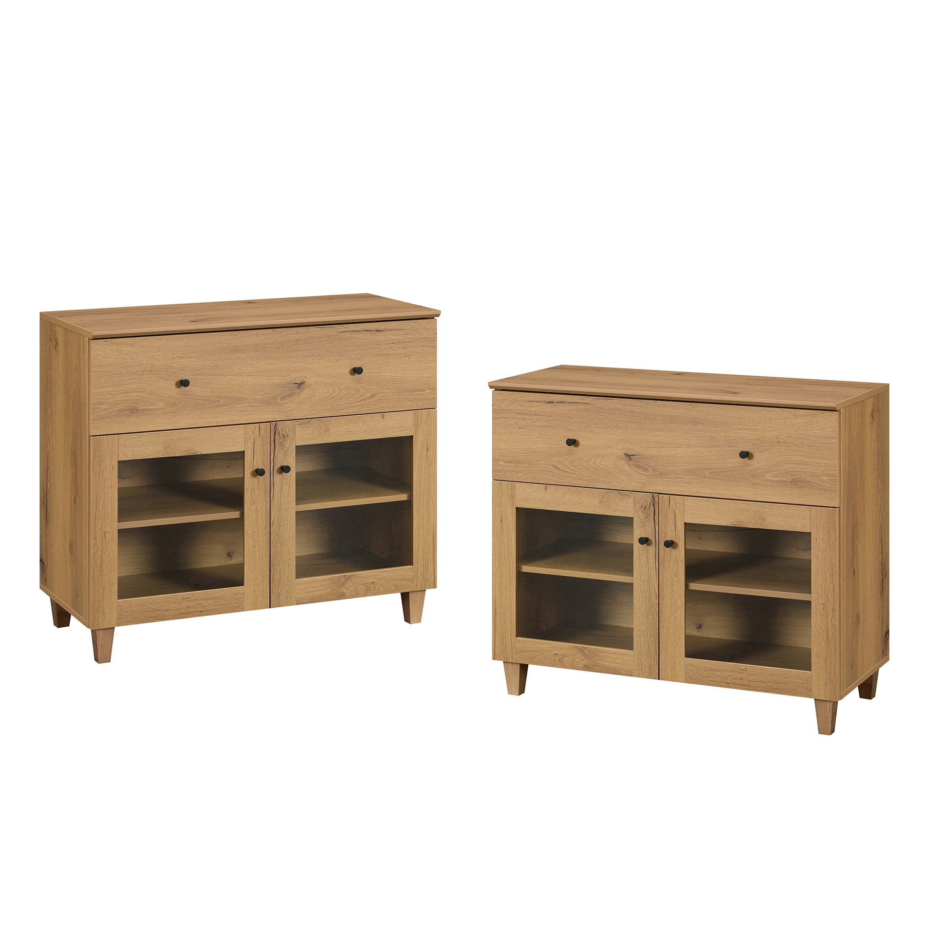 Large Bedroom Nightstands with Glass Doors - Set of 2, Bedside Table with Drawer, Shelf and Cable Management, Brown