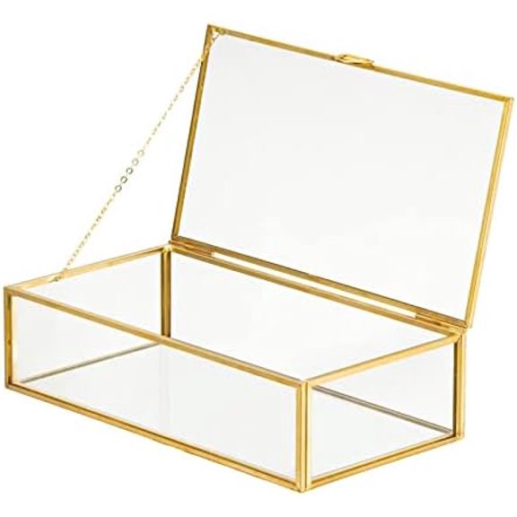 Vintage Glass Jewelry Box Keepsake Box with Hinged Lid, Great for Storage Trinket/Jewelry/Card/Photo, Gold Decorative Box for Dresser-15612E
