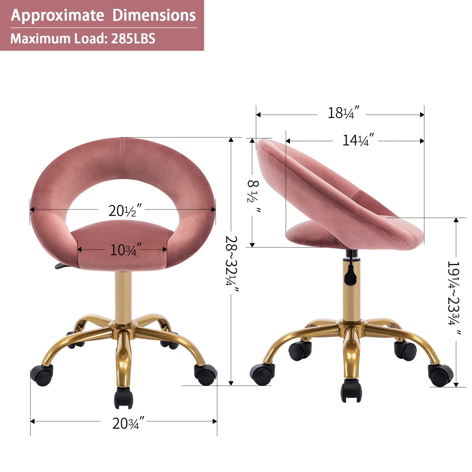 Duhome Velvet Home Office Chair Work Rolling Stool Adjustable Swivel Desk Chair on Wheels Modern Vanity Chair for Teen Girls, Pink
