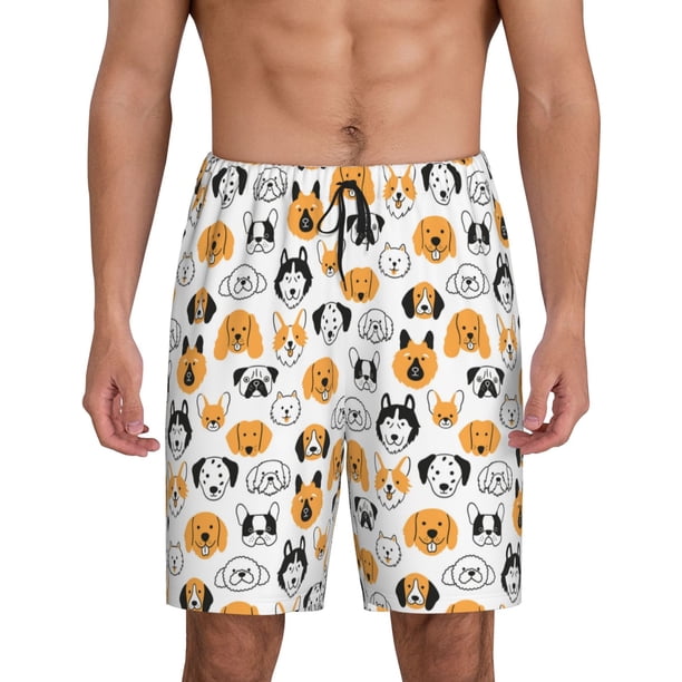 Balery Dog Faces Pantalones cortos de pijama de punto de algodón para hombre con cinturilla y bolsillos-X-Large