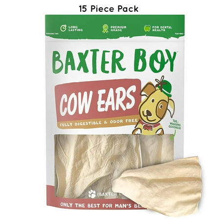 Baxter Boy Prime Tender & Hearty Thick Cow Ears Odor Free Dog Treats, (15 Pack) – Premium Grade Long Lasting All Natural and Unflavored Gourmet Dog Treat Chews – Fresh & Savory Low-Calorie
