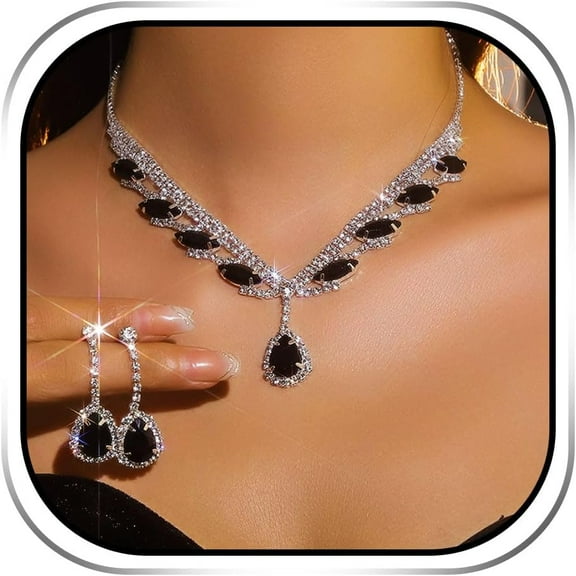 Wedding Jewelry Sets Black Bridal Prom Rhinestone Necklace and Earring for Women