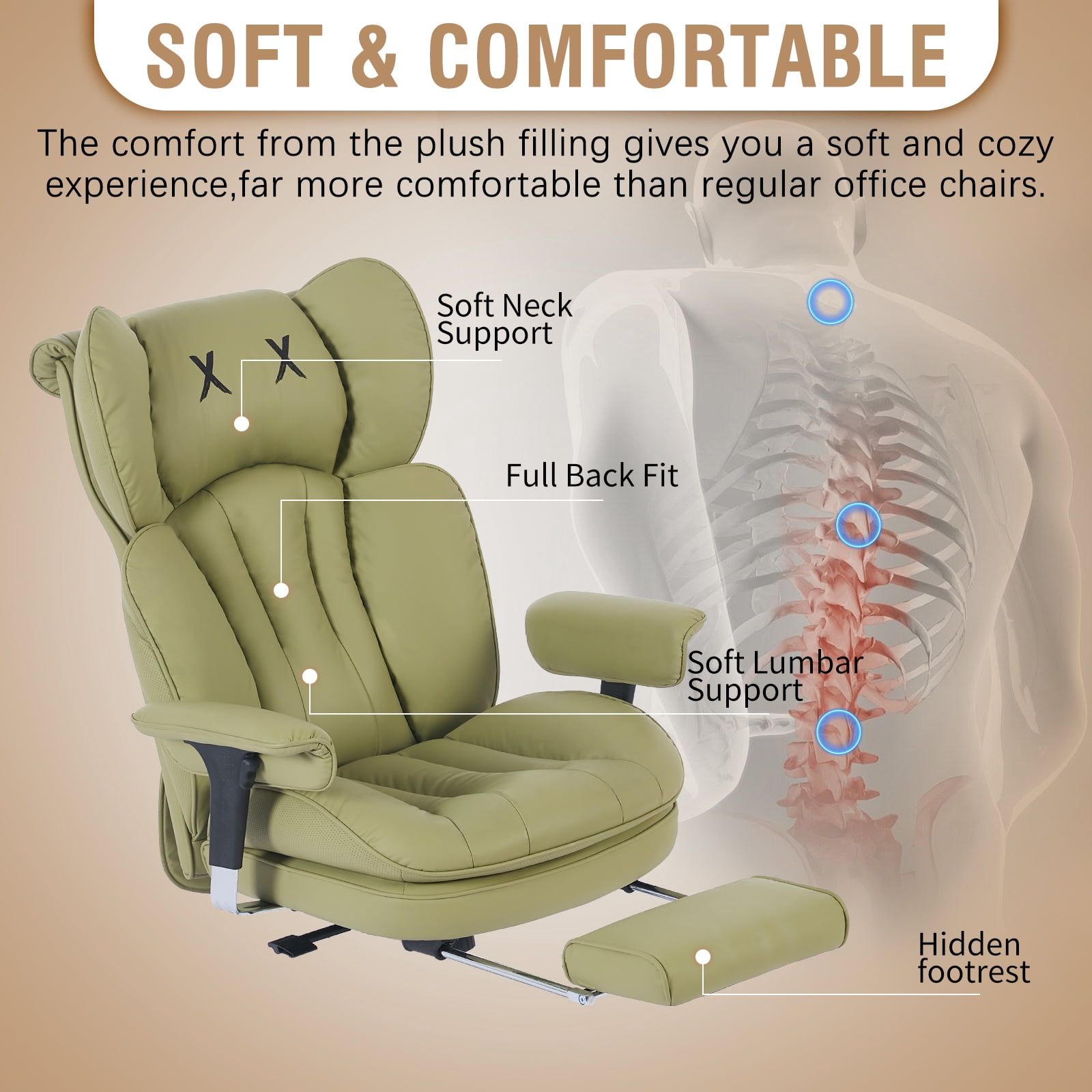 ATMILD 400lbs Big and Tall Ergonomic Office Chair Comfortable PU Leather Executive Desk Chair with Footrest and Lumbar Support (Green)