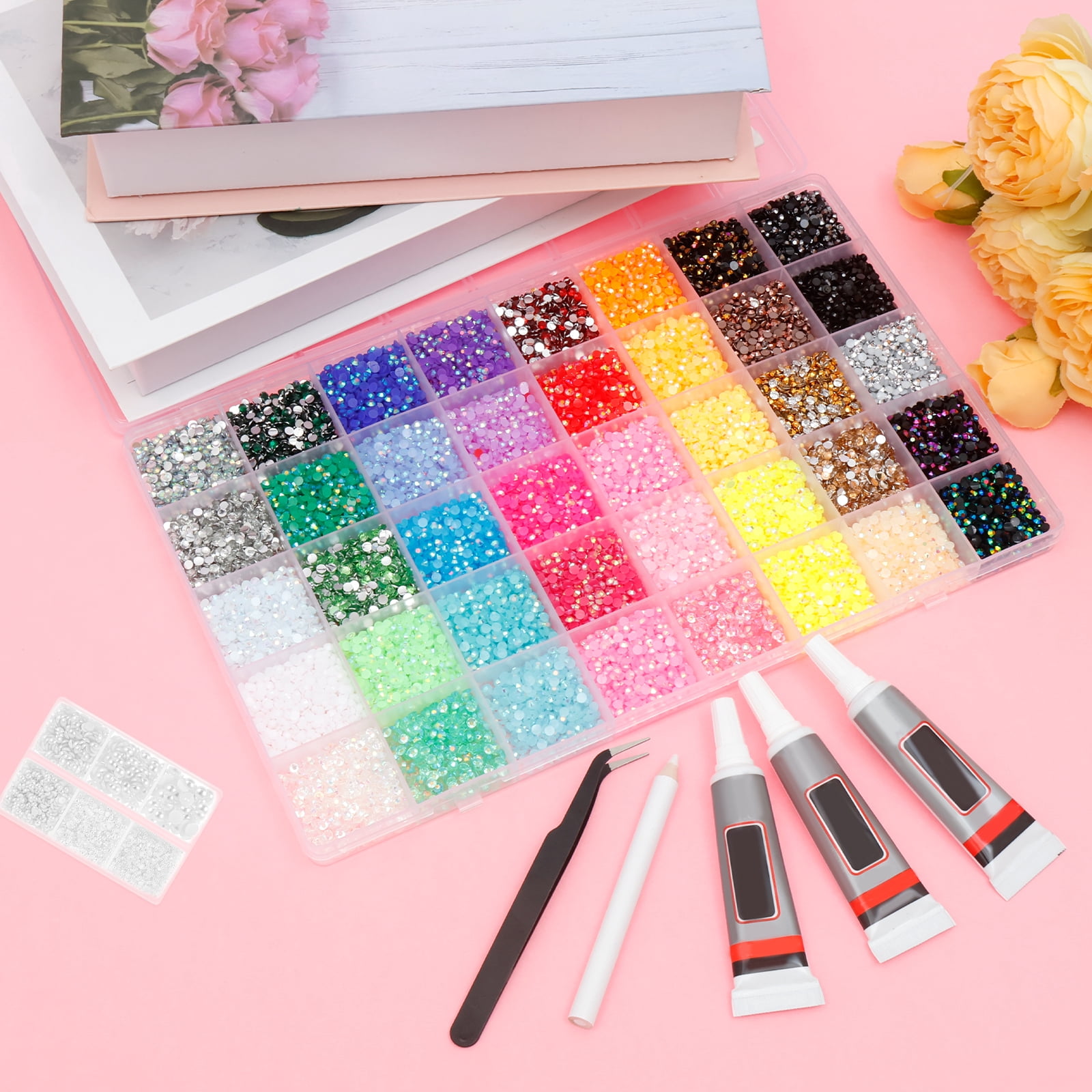 40 Colors Bedazzling Kit 3mm 32000 Jelly Rhinestone and 3600 White Half Round Pearl Bedazzle Kit for Decorating Shoe Clothes Nail Art