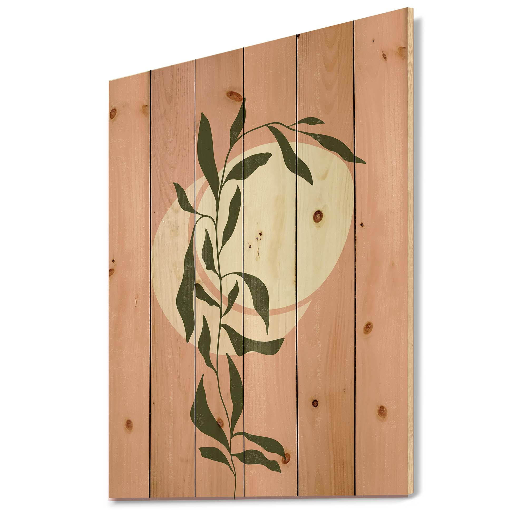 Designart 'Abstract Geometrical Moon and Sun With Leaf VI' Modern Print on Natural Pine Wood