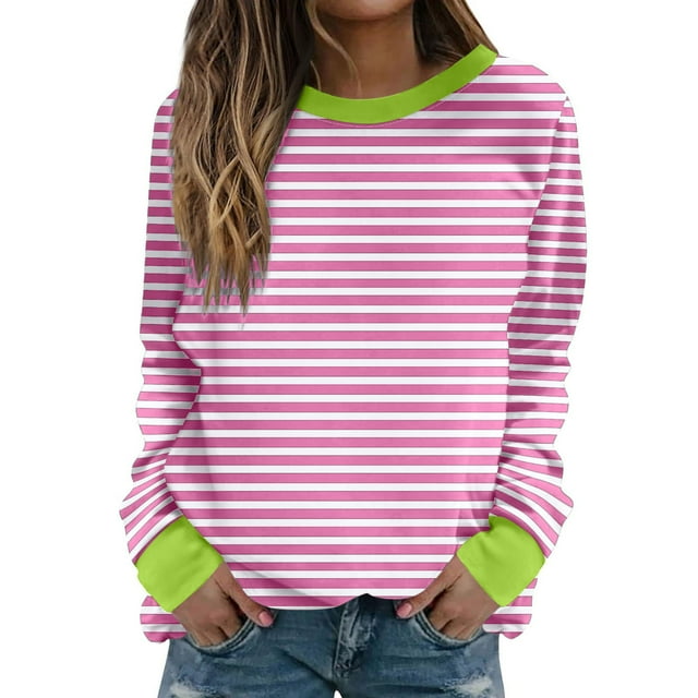 Mrat Chandail à Rayures Surdimensionné pour Femmes, Col Rond, Manches Longues, Décontracté, Ample, Léger, avec Fermeture Éclair, Chandail à Capuchon Femme P-97 Rose-A 4TG
