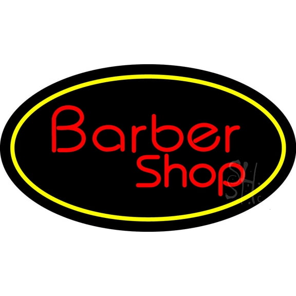 Red Barber Shop Oval Yellow Border LED Neon Sign 13 x 24 - inches, Black Square Cut Acrylic Backing, with Dimmer - Bright and Premium built indoor LED Neon Sign for Defence Force.