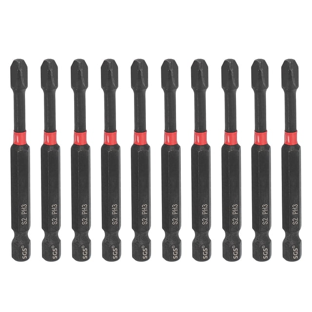 10 piezas de destornillador de impacto Phillips #3 PH3 de 1/4" con vástago hexagonal de 3" (75 mm), brocas magnéticas, negro/rojo