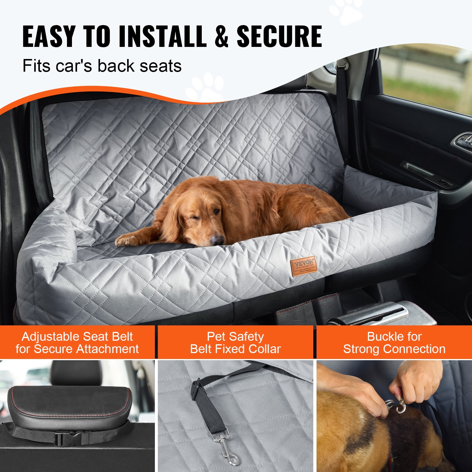 VEVOR Dog Car Seat, Waterproof Dog Booster Seat for Car, Pet Car Seat with Clip-On Safety Leash, PP Cotton Filling, Dog Car Bed for Medium & Large Dog up to 100 lbs, Gray