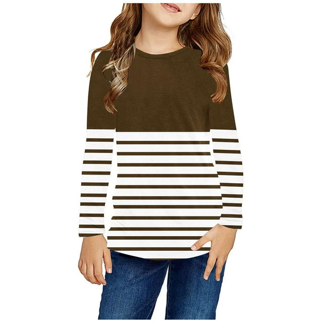 RXIRUCGD Chemises à Manches Longues pour Filles, Col Rond Mignon, Blouses Décontractées Habillées, Marron, Taille : 5 Ans