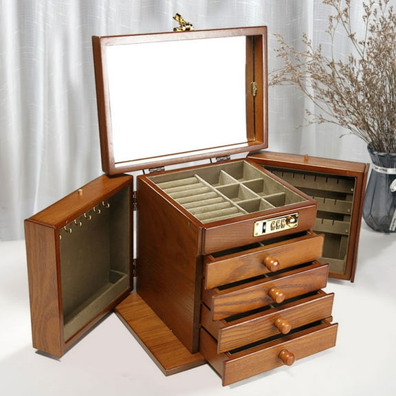 Autrinix Vintage Jewelry Storage, Large Wooden Box with Lock, 5-Layer Organizer for Home & Travel Use