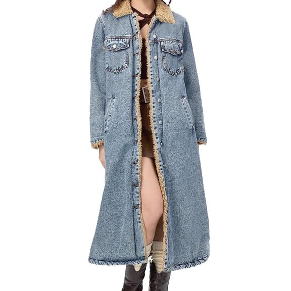Women's Long -Shearling Lined Denim Jacket Oversized Button Down Maxi Jean Coat Classic Lapel Outercoat