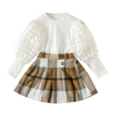 

Siilsaa Toddler Girl Fall Winter Clothes Solid Long Sleeve Ribbed T-Shirt Knit Tops Plaid Button Mini Skirts Set Outfits Brown 5-6 Years