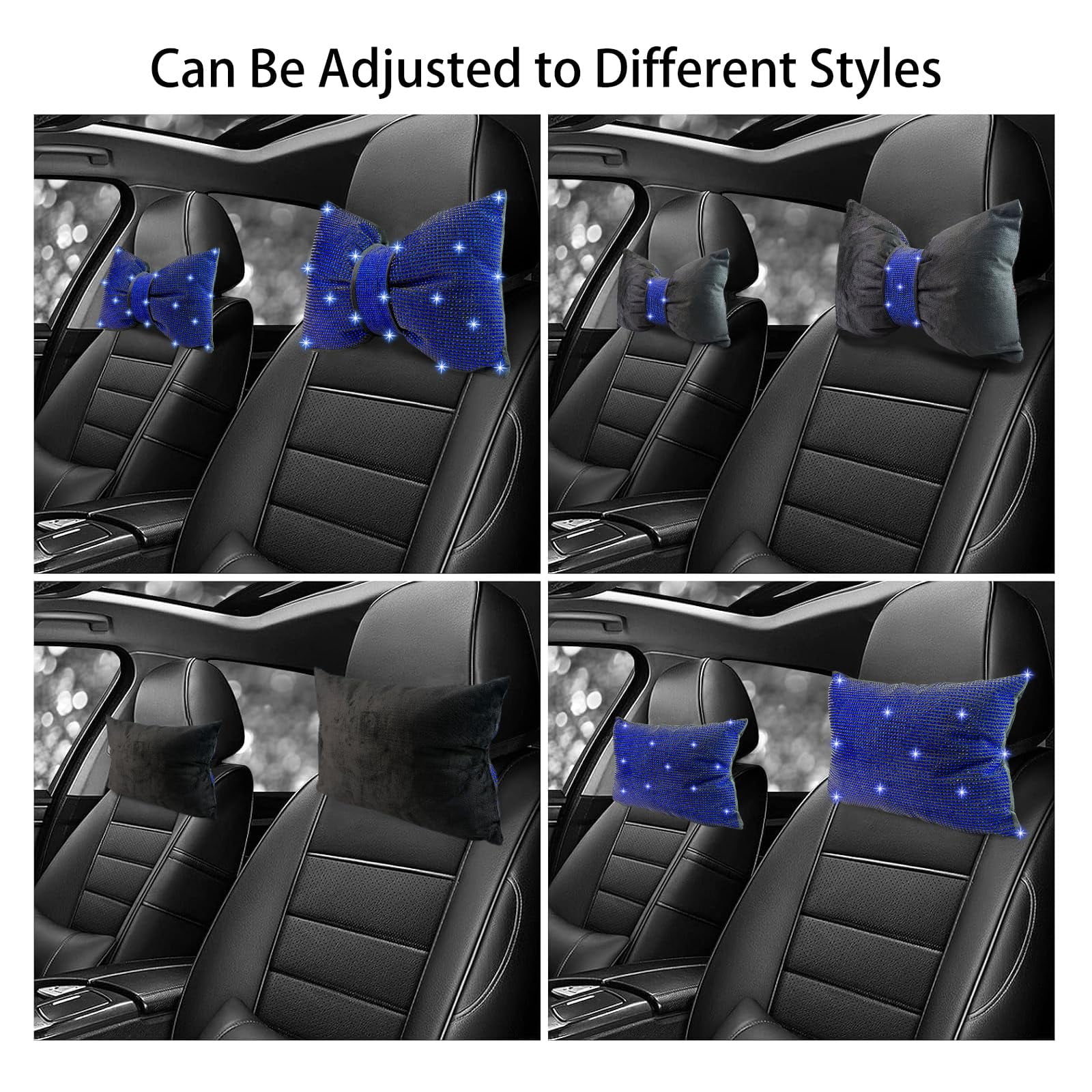 Chasenew 2 PCS Bling Bowknot Car Headrest Pillow, Rhinestone Car Neck Pillows for Driving, Bling Interior Accessories for Women Comfortable Neck Support Pillow(Blue)