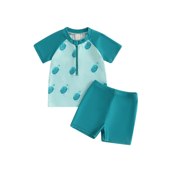Toddler Kids Little Boys Rash Guard Swimsuit Set 6 12 24 Months 2T 3T 4T 5T Turtle Print Short Sleeve Zip Tops with Shorts Beachwear 2 Pcs Set