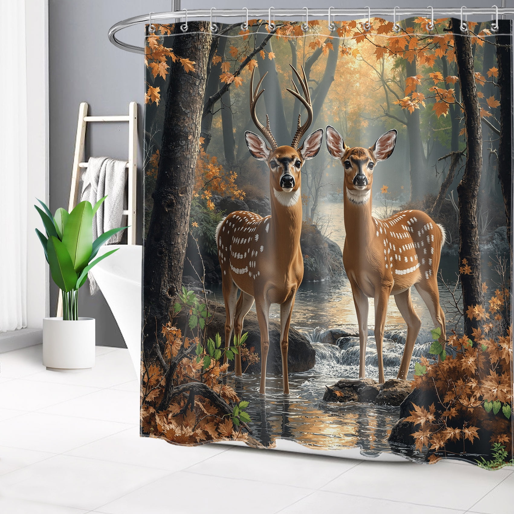 Deer Shower Curtain Fall Forest Landscape Wild Animals Trees and Plants Nature Art Bathroom Shower Curtain Home Decor Waterproof Durable Shower Curtain Accessories with 12 Hooks 72x78 Inches
