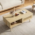 thumbnail image 4 of Boho Coffee Table with Storage for Living Room, Natural Wood Center Table with Sliding Door and Open Shelves, Mid-Century Modern Furniture for Small Space Apartment, 4 of 8