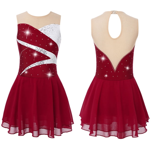 Alvivi Justaucorps de Gymnastique Sans Manches pour Filles avec Strass Brillants Robe de Patinage Artistique Ballet Tenue de Danse Moderne Rouge 6