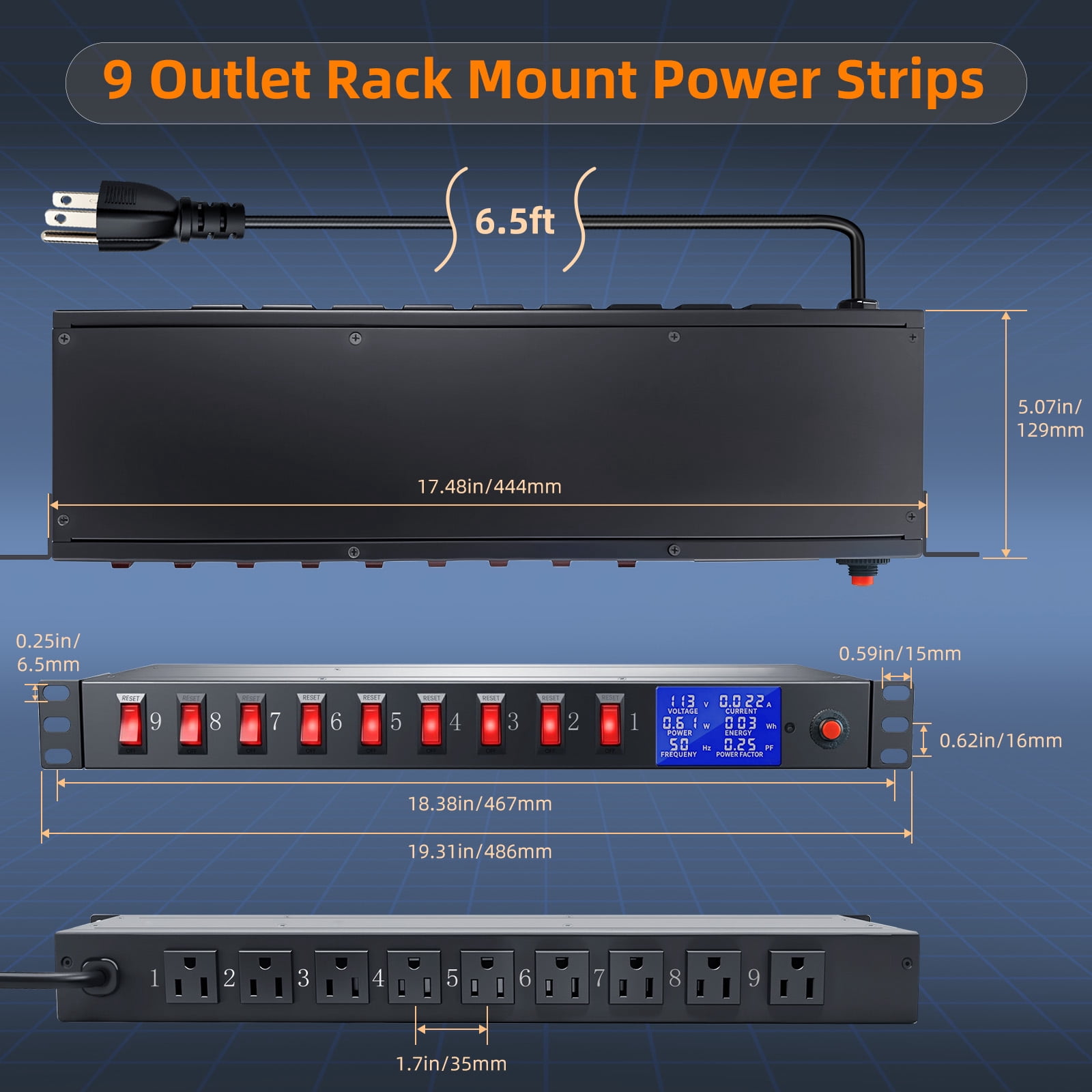 ZHANGONG Rack Mount Power Strip with Individual Switches, 9-Outlet 1U PDU with Digital Display, 15A 1875W Overload Protection, 6.5FT Cord for Server Rack Network