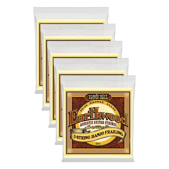 5 PACK Ernie Ball 2061 Earthwood 80/20 Bronze 5-String Banjo Frailing Strings