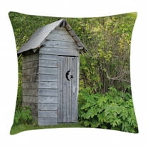 Outhouse Throw Pillow Cushion Cover, Vintage Farm Life Cottage Barn Shed in Forest Trees Leaves Picture, Decorative Square Accent Pillow Case, 16 X 16 Inches, Light Grey and Fern Green, by Ambesonne