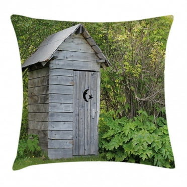 Outhouse Throw Pillow Cushion Cover, Vintage Farm Life Cottage Barn Shed in Forest Trees Leaves Picture, Decorative Square Accent Pillow Case, 16 X 16 Inches, Light Grey and Fern Green, by Ambesonne