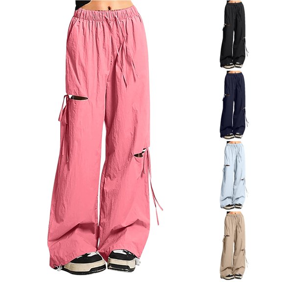 TinyBloomm Trendy Girls Pants Asymmetric Distressed Wide Leg High Waist Loose Fit Cargo Pants For Girls Casual Outdoor Summer Thin Comfortable Versatile Styling, Size 17-18 years