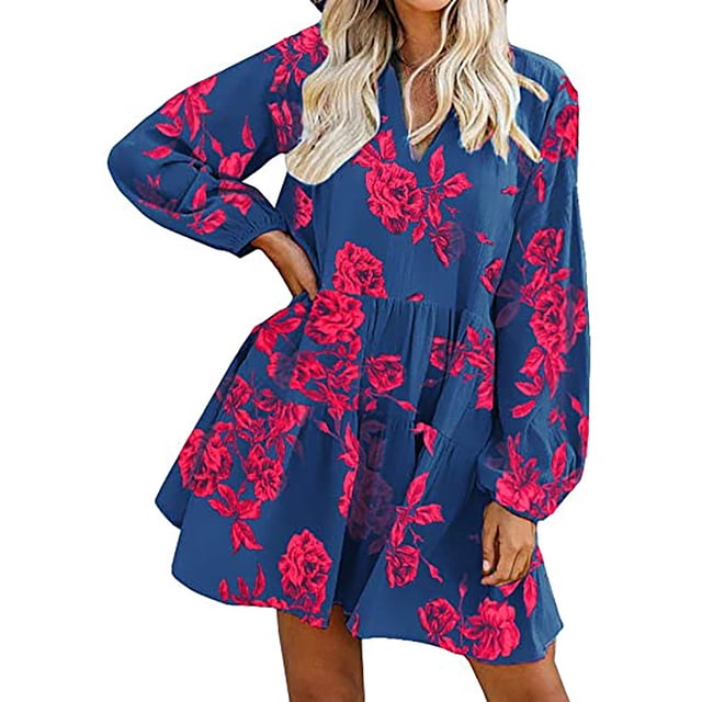 FcBaudy Robe Longue à Manches Longues Col en V, Robes d'Été pour Femmes, Robes Décontractées d'Été pour Femmes Robe Longue à Manches Longues Imprimé Floral Col en V Robe pour Femmes