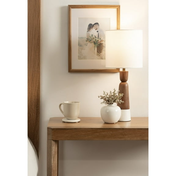 Kate and Laurel Deori Modern Mango Wood and Marble Bedside Table Lamp, 8 x 8 x 20, Walnut Brown and White Marble, Decorative Tapered Hourglass Tabletop Desk Lamp with Linen Shade for Living Room Decor