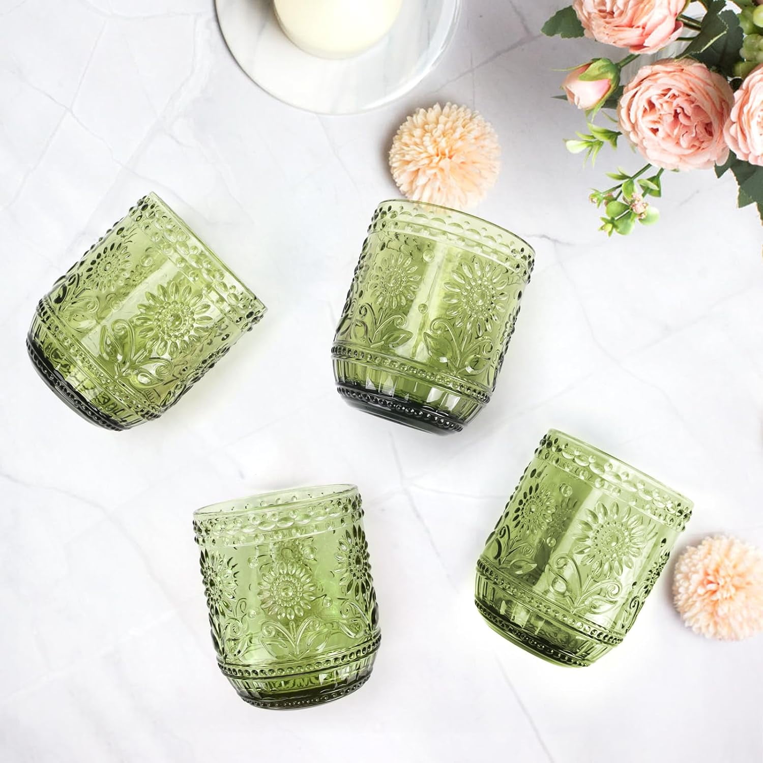 NANAHuang Vintage Drinking Glass Set of 4,12 oz Embossed Floral Drinkware Set,Green Drinking Glasses Cups Wine Glasses Colored Glassware for Whisky,Beer,Juice,Cocktail,Heavy Duty
