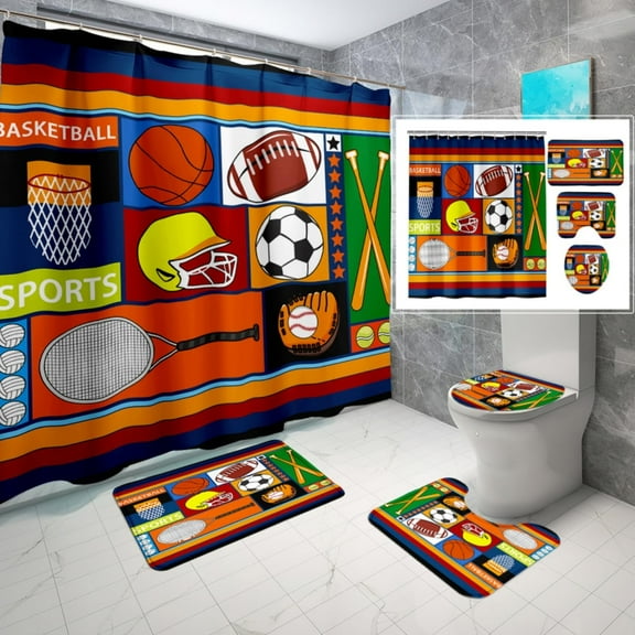 Football Shower Curtain Sets - 4PCS Sports Shower Curtain Set for Boys Bathroom Decor Bathroom Set with Football Shower Curtain and Rugs, Toilet Cover and Bath Mat, 12 Hooks