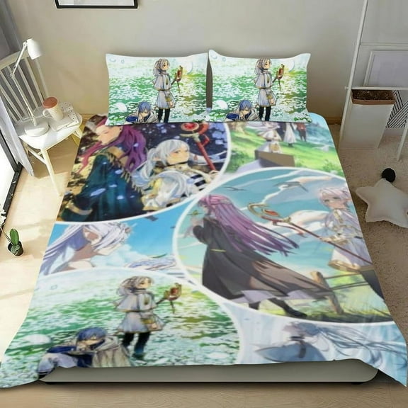 Frieren: Beyond Journey's End Comforter Set Anime 3 Piece Bedding Set Cute Duvet Cover Sets Super Soft Girls Bedding Set Kids Bedroom Gifts,1 Duvet Cover with 2 Pillowcases Twin